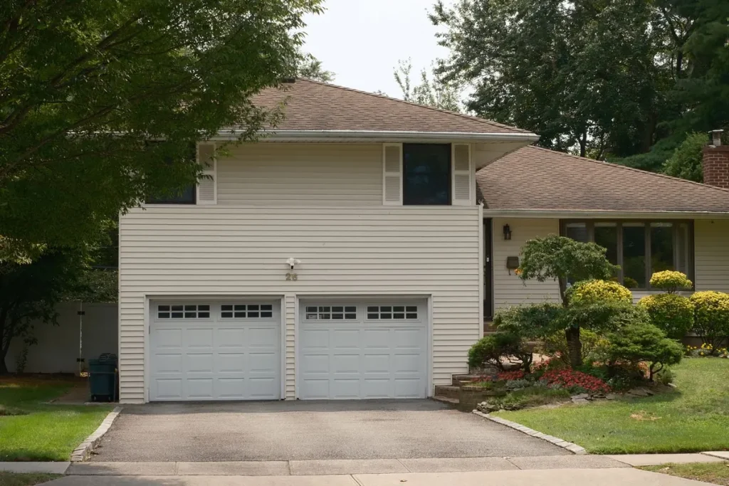 Two new insulated garage doors with windows on a split-level home
