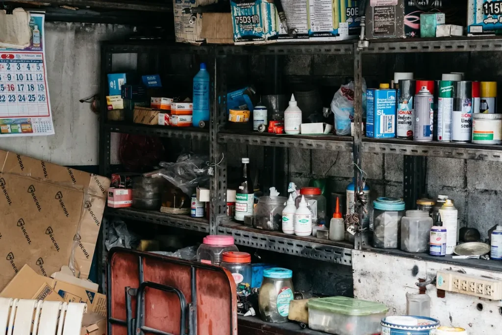 Home garage workshop with shelves of supplies