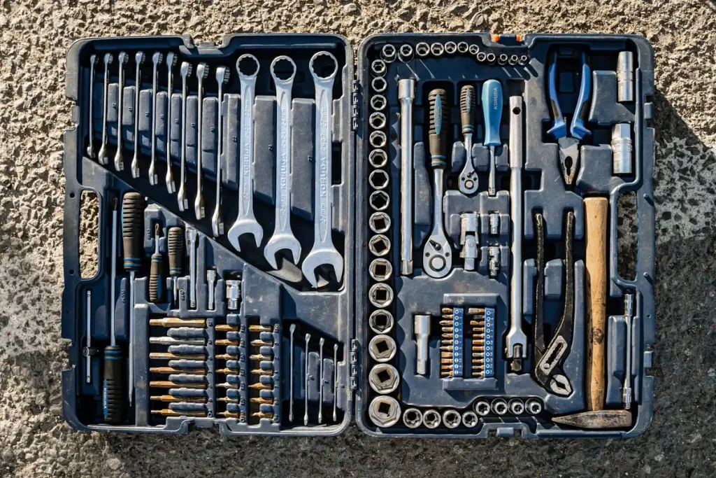 Socket and wrench set used to realign garage door tracks and replace rollers